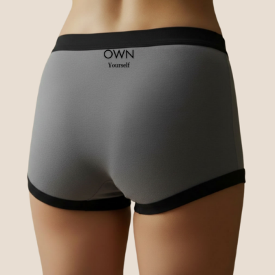 Women’s gray panty with black trim back view by CG Claudia Garcia