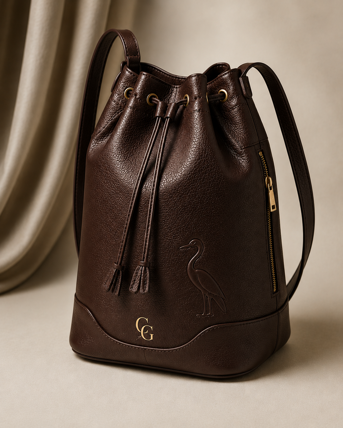 Tula Peregrina CG luxury leather bucket bag in chocolate brown with subtle gold logo and embossed heron detail.