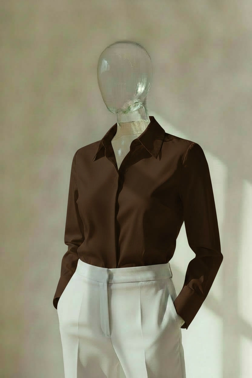 Coffee brown women's shirt with ivory high-waisted trousers by CG Claudia Garcia.