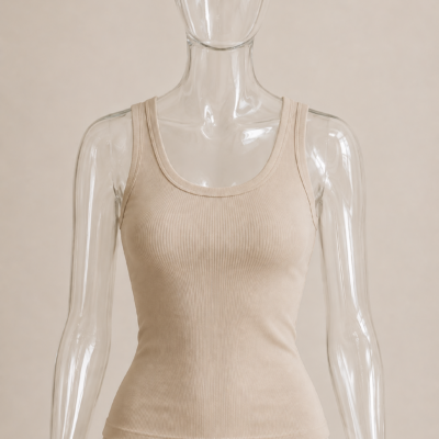 Stone rib tank top by CG Claudia Garcia displayed on a transparent glass mannequin against a soft beige background.